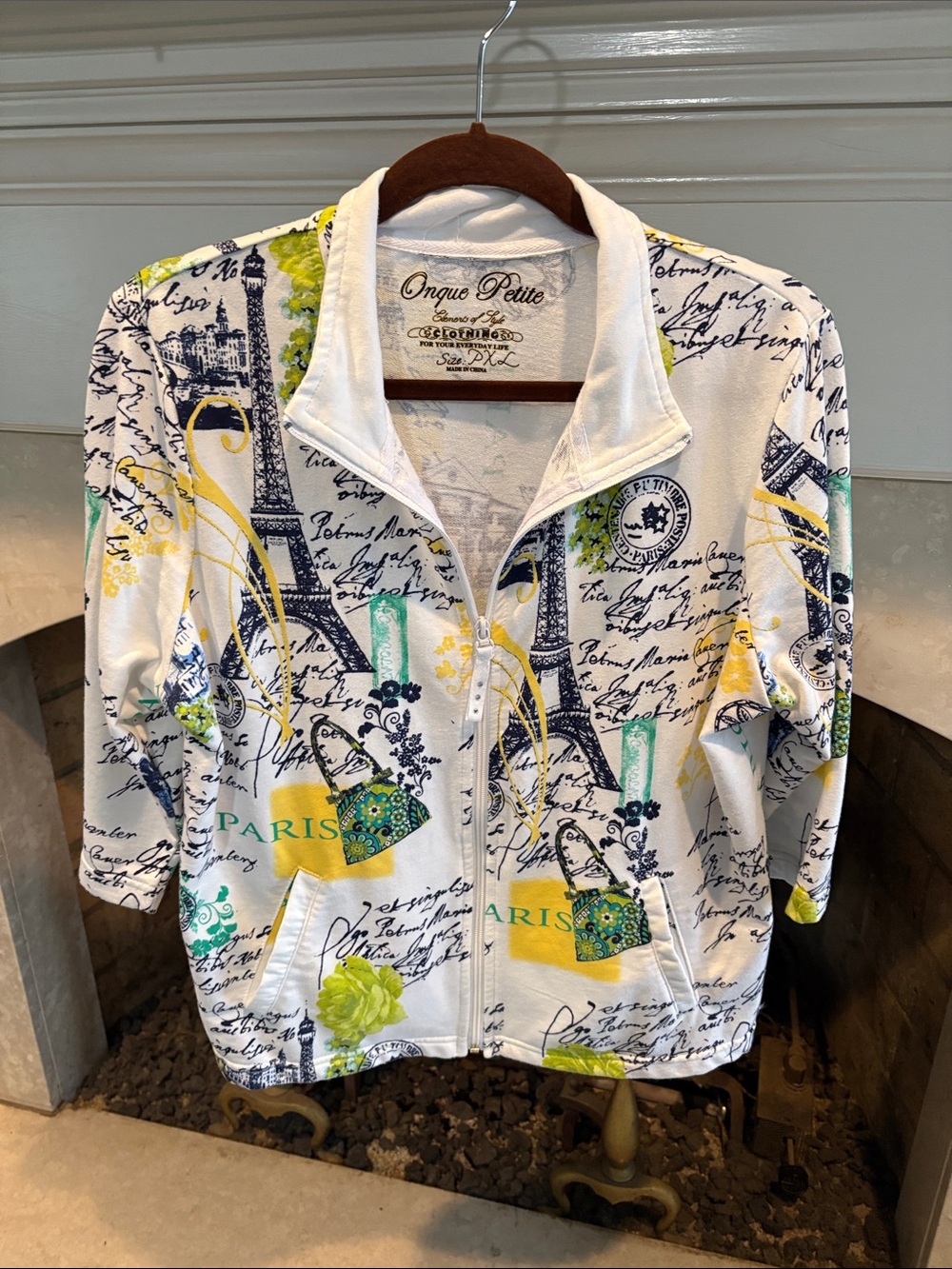 Ongue Petite Paris Print Zip-Front Jacket - White with Yellow & Teal Accents